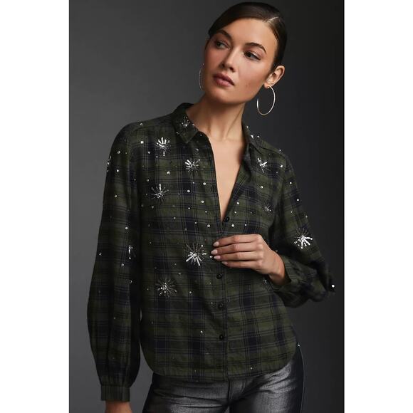 Pilcro Anthropologie Embroidered Plaid Shirt Size Small - Picture 1 of 6